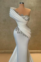 Fashionable Long White One Shoulder Mermaid Lace Satin Prom Evening Dresses with Rhinestones